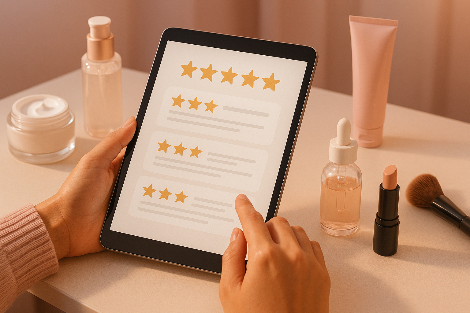 تصویری واقعی از بررسی نظرات کاربران درباره محصولات در بازار آرایشی با فضایی گرم و اعتمادساز.