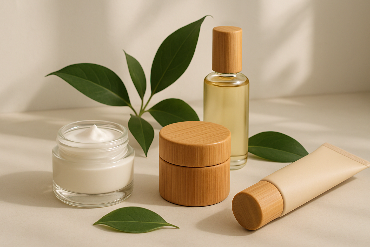 تصویری واقعی و طبیعی از محصولات سبز و پایدار در بازار آرایشی با بسته‌بندی دوست‌دار محیط‌زیست و فضایی آرام.
