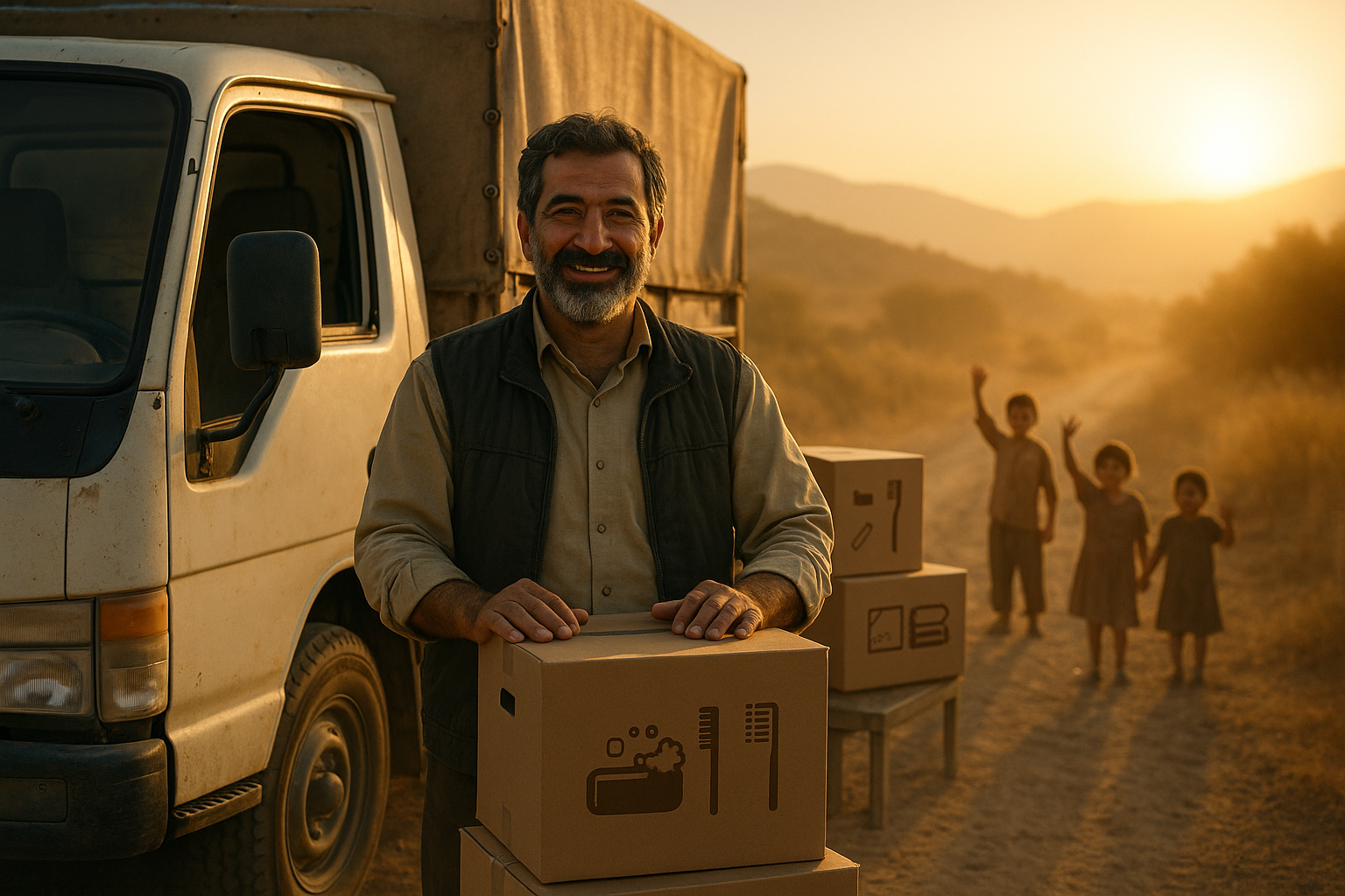تصویر راننده ایرانی در حال آمادهسازی کامیون حامل بستههای بهداشتی در طلوع آفتاب با لبخند و حس امید در مسیر پویش بهداشت ایران من