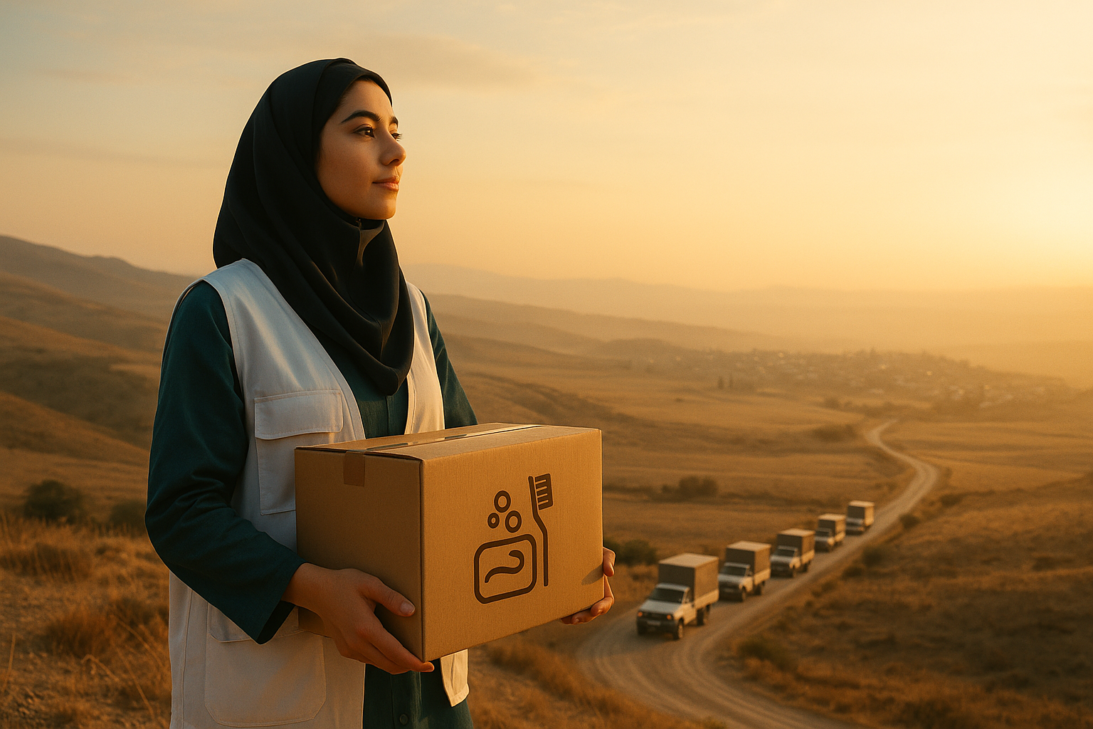 تصویر داوطلب زن ایرانی در حال حمل جعبه کمکهای بهداشتی در طلوع آفتاب با کامیونهایی در مسیر روستایی، نمادی از آیندهی پایدار پویش بهداشت ایران من